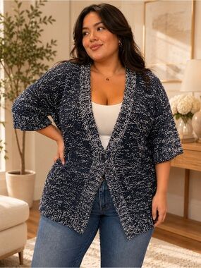 CJ Banks Plus Size 3X Navy & White Textured Open Front Cardigan|Cozy Chic Piece